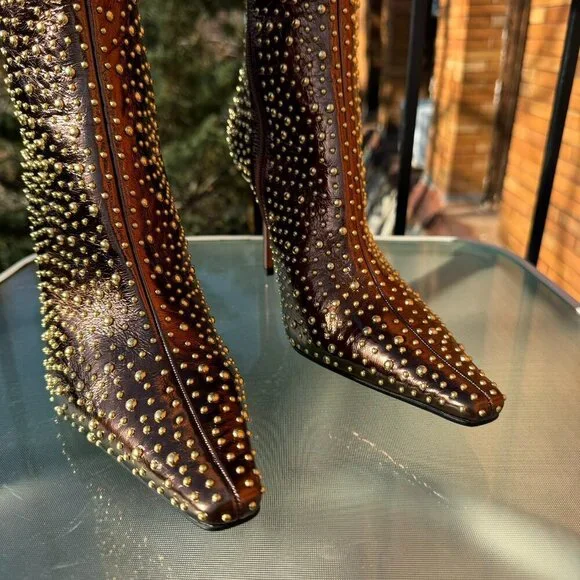 New Jeffrey Campbell Iconic Heeled Studded Boots Shoes Gold Bronze Womens 10